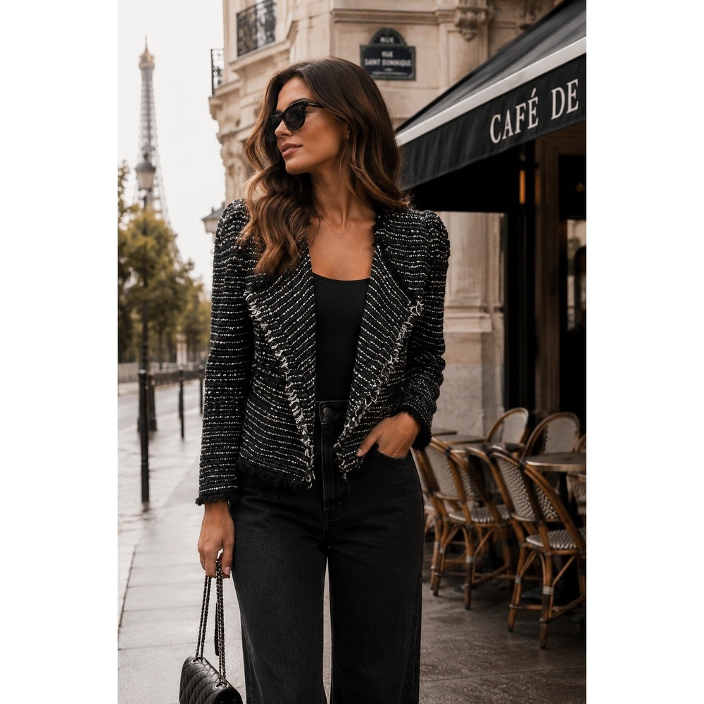 IRO Diana Black White Tweed Frayed Open Front Blazer Jacket Size 36 US 4